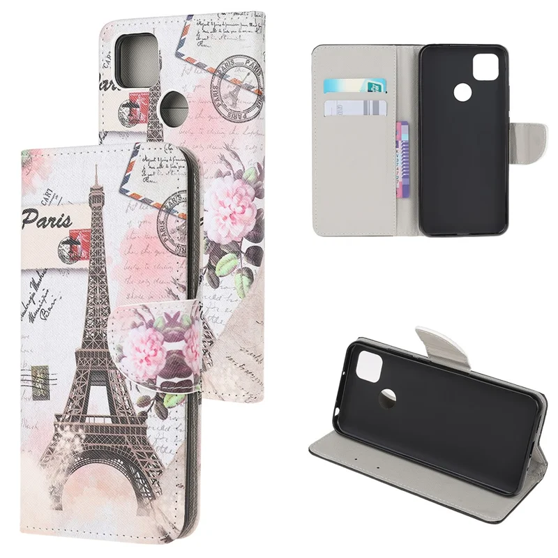 Cross Texture Pattern Printing Leather Phone Case for Xiaomi Redmi 9C/9C NFC - Eiffel Tower