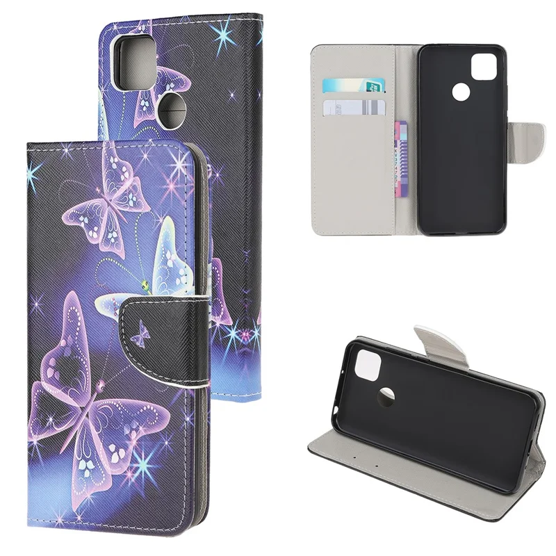 Kruistextuurpatroon met bedrukking Leren telefoonhoesje voor Xiaomi Redmi 9C/9C NFC - Mooie vlinder