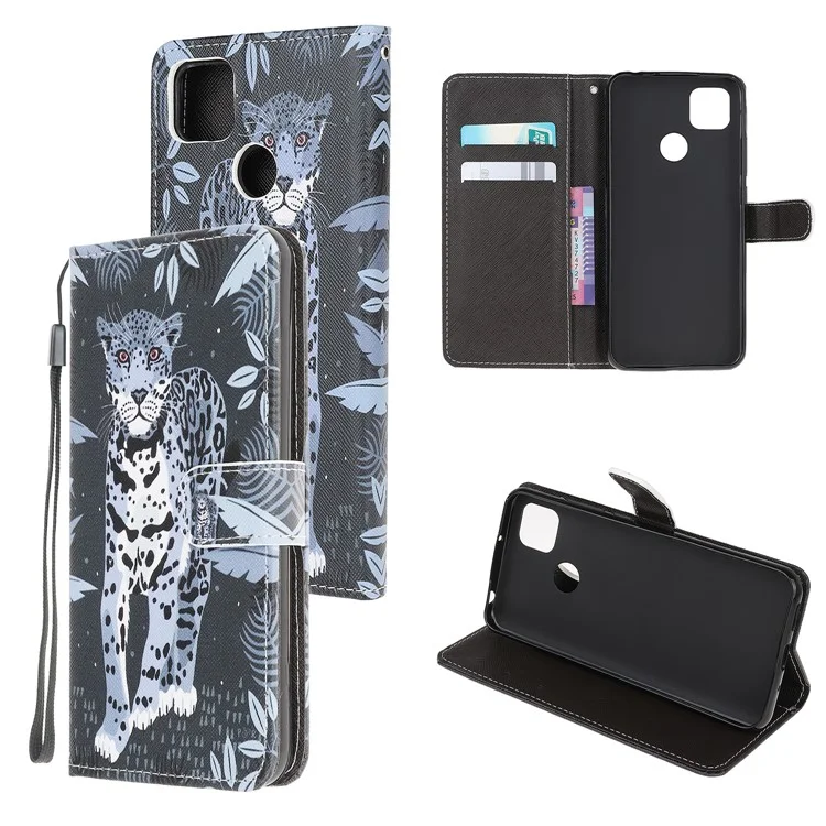 Pattern Printing Cross Texture Leather Wallet Phone Shell with Strap for Xiaomi Redmi 9C/9C NFC - Leopard