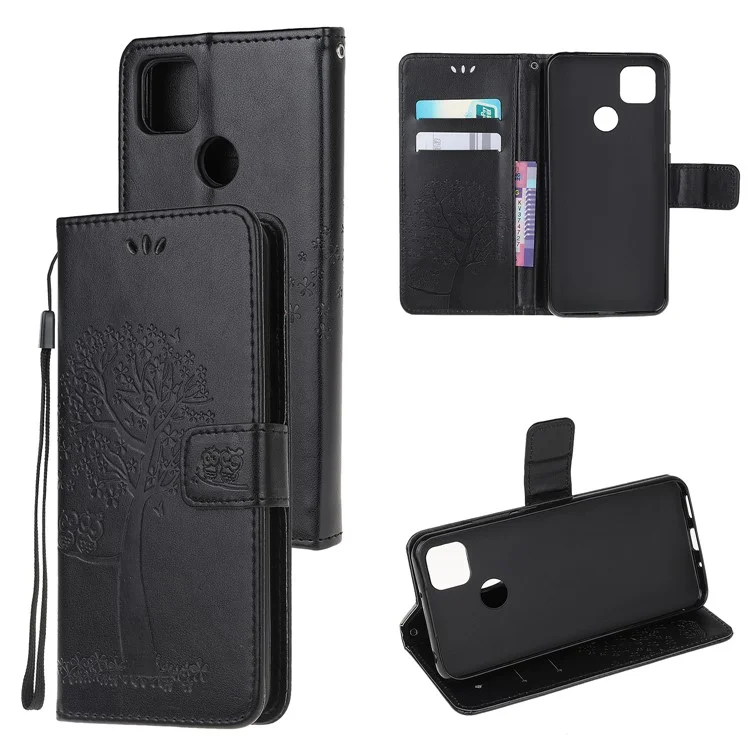 Étui à Portefeuille en Cuir de Chouette à Imprime Pour Xiaomi Redmi 9c / 9c NFC - le Noir