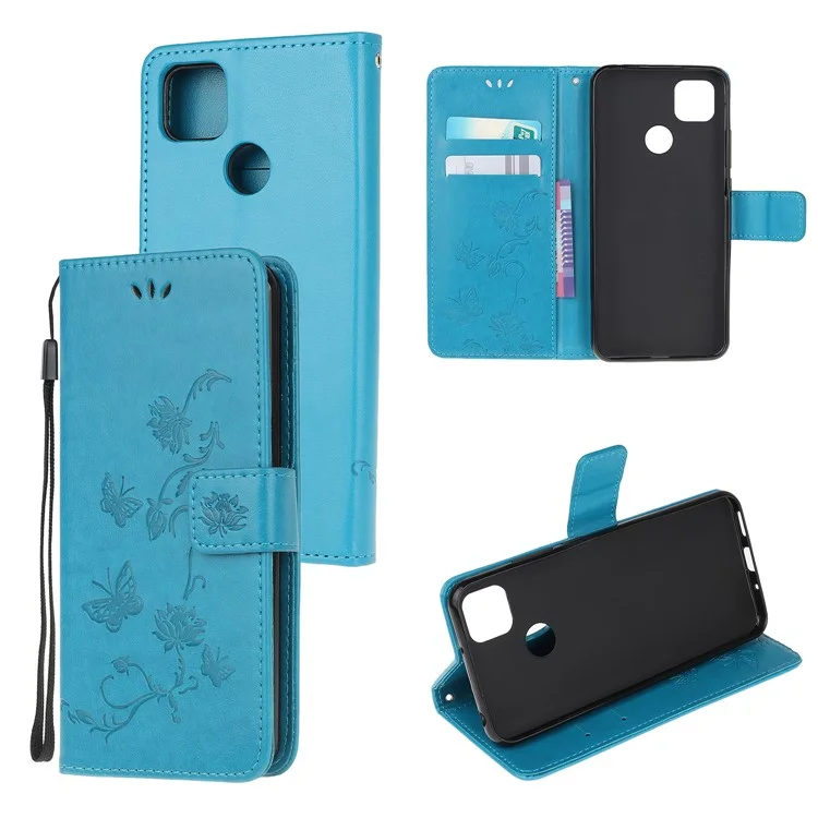 Imprint Butterfly Flowers Leather Wallet Case for Xiaomi Redmi 9C/9C NFC - Blue