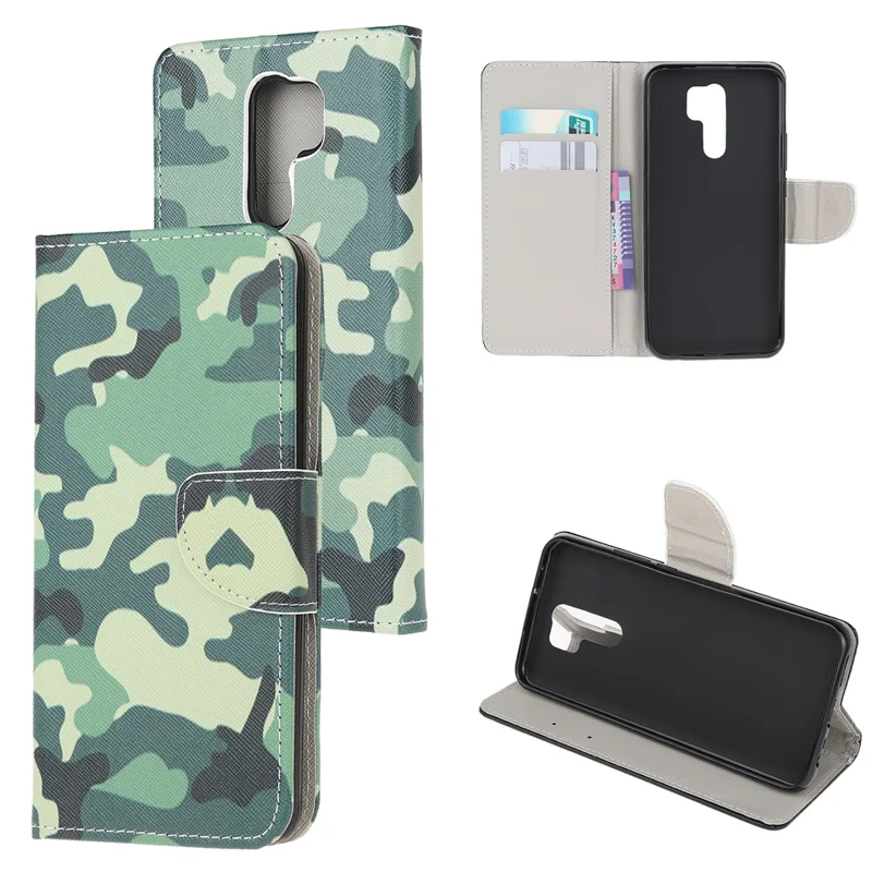 Cross Texture Patterned Wallet Leather Stand Mobile Phone Cover Case for Xiaomi Redmi 9 - Camouflage