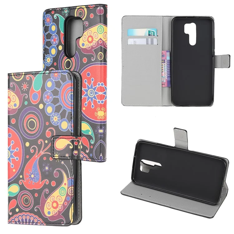 Estuche de Billetera de Cuero de Impresión de Patrones Para Xiaomi Redmi 9 - Paisley Flowers