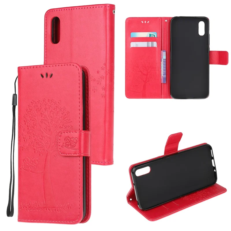 Imprint Tree Owl Leather Wallet Stand Case for Xiaomi Redmi 9A - Red