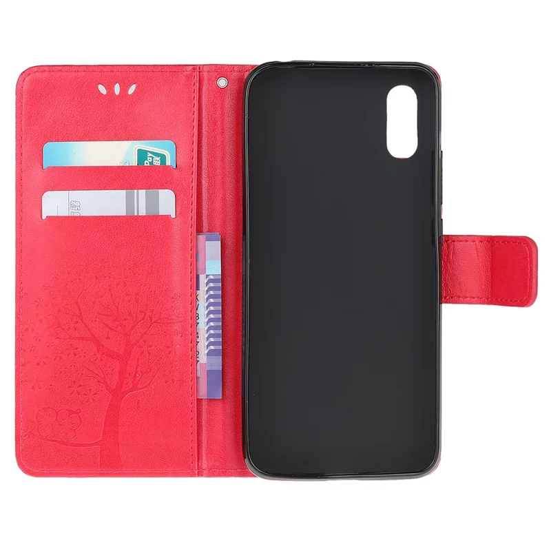 Imprint Tree Owl Leather Wallet Stand Case for Xiaomi Redmi 9A - Red