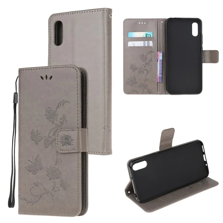 Imprint Butterfly Flowers Leather Wallet Stand Case for Xiaomi Redmi 9A - Grey