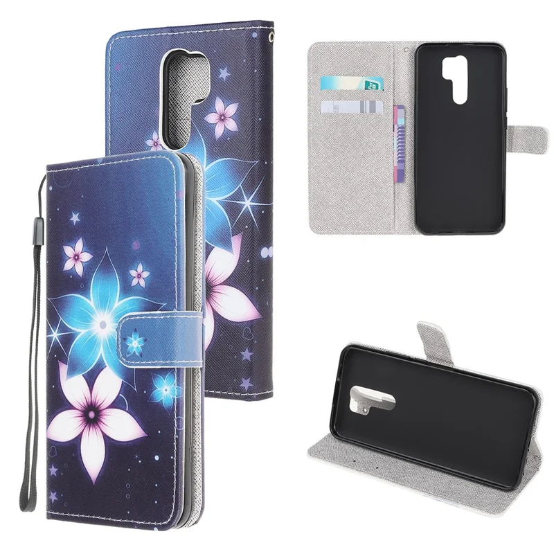 Pattern Printing Cross Texture Leather Wallet Phone Cover with Strap for Xiaomi Redmi 9 - Flower