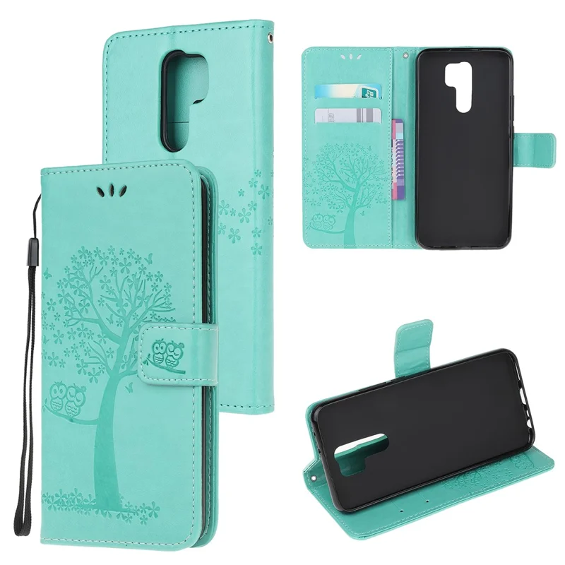 Imprint Tree Owl Portefeuille Leren Hoesje voor Xiaomi Redmi 9 - Cyaan