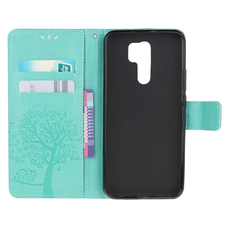 Imprint Tree Owl Portefeuille Leren Hoesje voor Xiaomi Redmi 9 - Cyaan