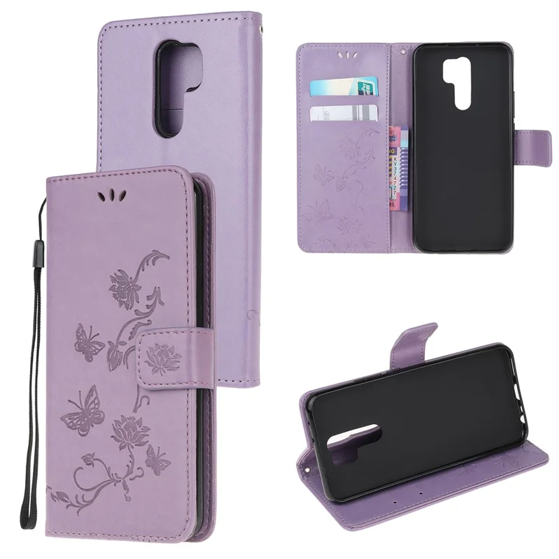 Imprint Butterfly Flower Wallet Leather Cover for Xiaomi Redmi 9 - Light Purple