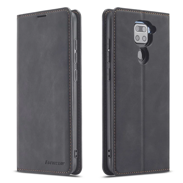 Forwenw Série De Fantasia Capa De Couro De Toque De Seda Para Xiaomi Redmi Nota 9 / Redmi 10x 4G. - Preto