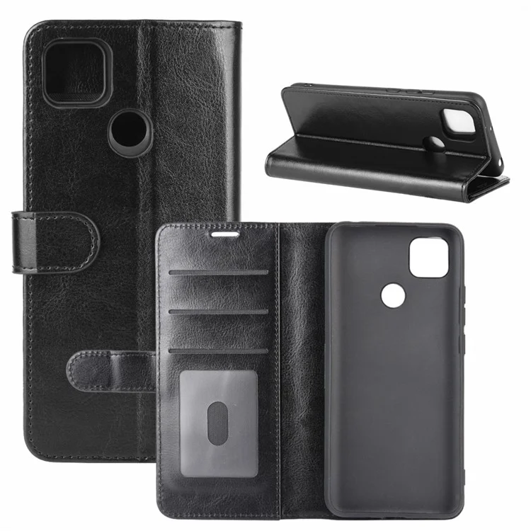 Crazy Horse Leather Wallet Stand Protective Cover for Xiaomi Redmi 9C/9C NFC - Black