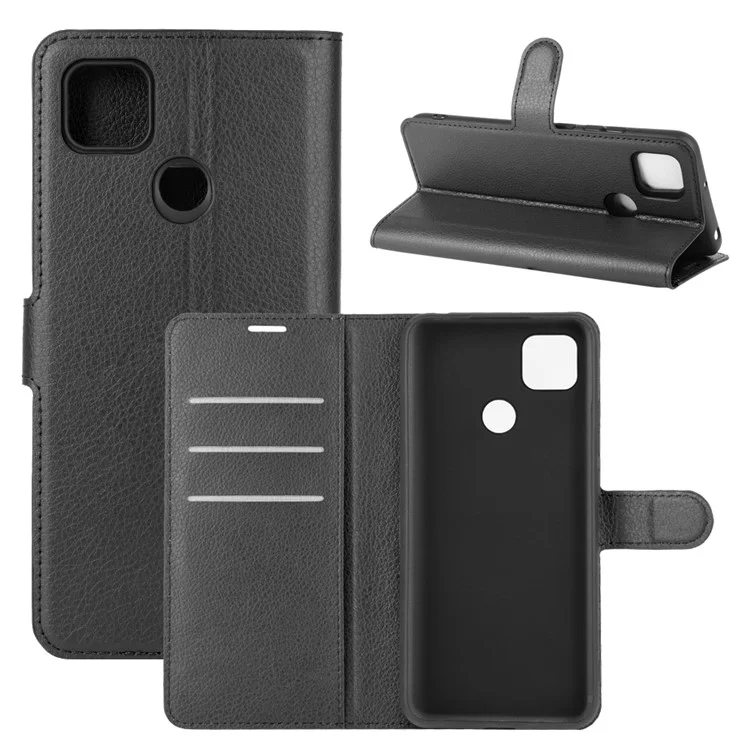 Litchi Skin Wallet Leather Celular Case Para Xiaomi Redmi 9C/9C NFC Folio Flip Leather Shell Tampo - Preto