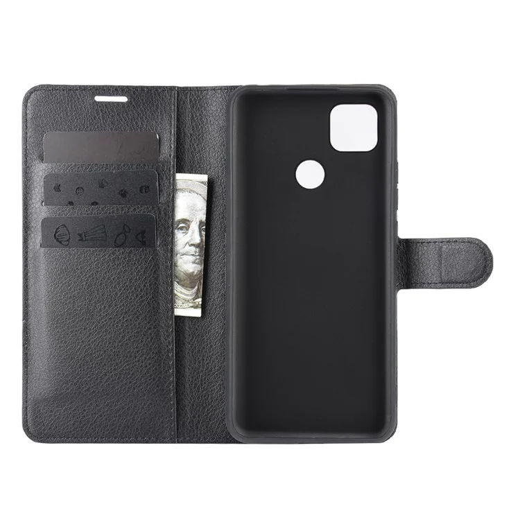 Litchi Skin Wallet Leather Celular Case Para Xiaomi Redmi 9C/9C NFC Folio Flip Leather Shell Tampo - Preto