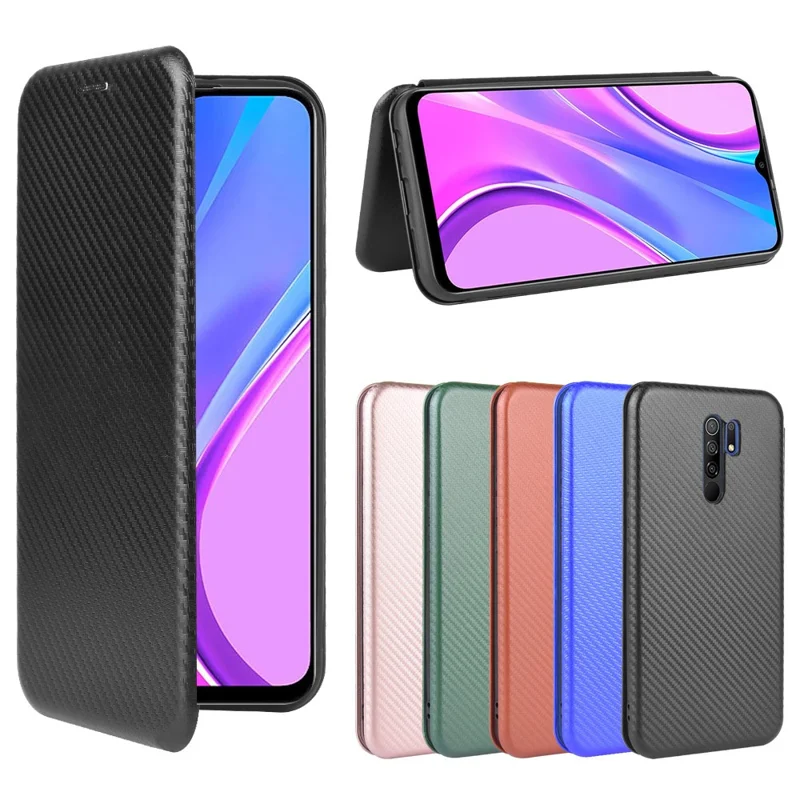 Case de Teléfonos Celulares de Cuero de Fibra de Fibra de Carbono Para Xiaomi Redmi 9 - Negro