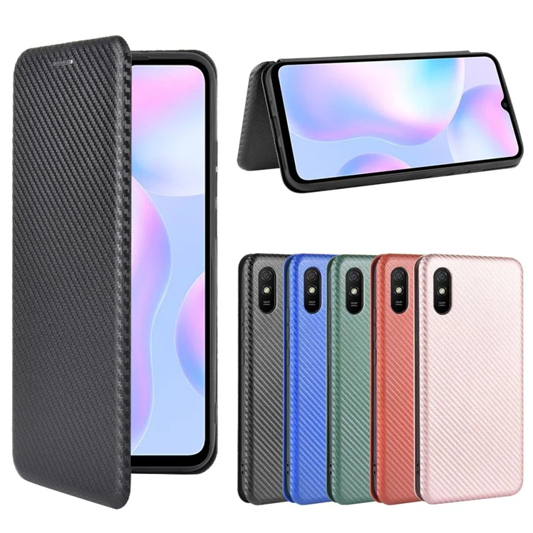 Coque en Cuir en Fibre de Carbone Auto-absorbée Avec Support Pour Xiaomi Redmi 9A - le Noir