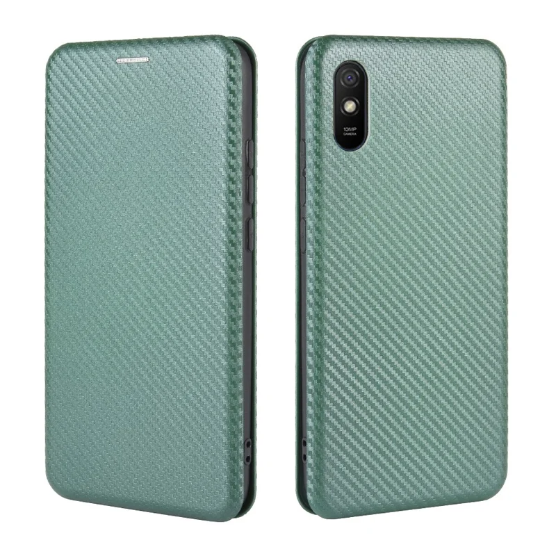 Coque en Cuir en Fibre de Carbone Auto-absorbée Avec Support Pour Xiaomi Redmi 9A - Vert