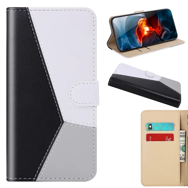 Tri-color-pu-leder Mit Brieftaschenabdeckung Für Xiaomi Redmi 9 - Schwarz/weiß/grau