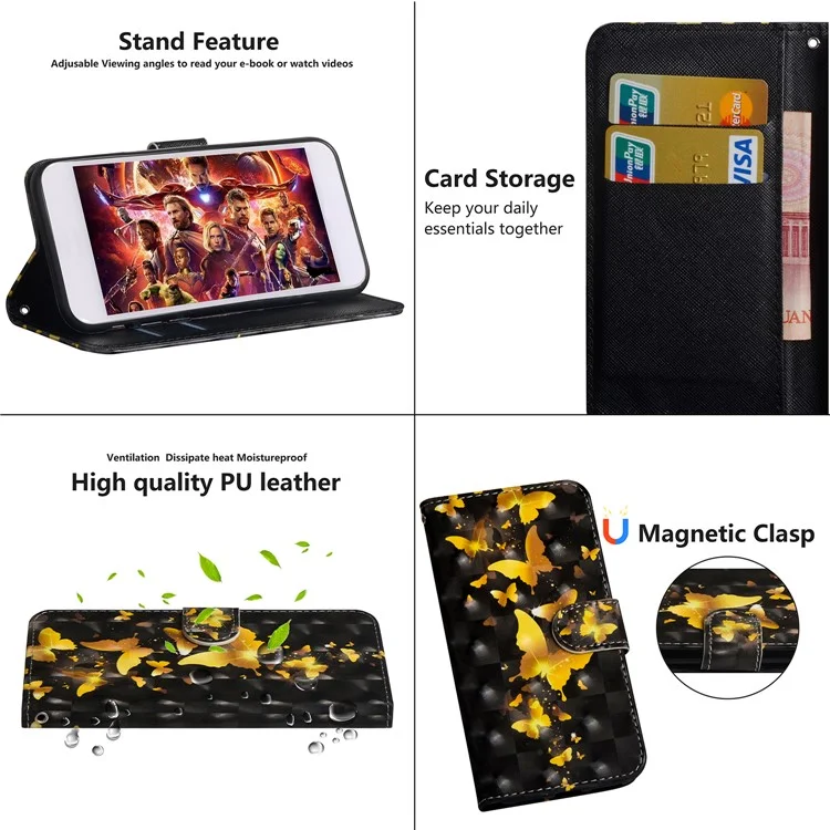 Light Spot Decor Pattern Printing Wallet Stand Leather Shell with Strap for Xiaomi Redmi 9A - Gold Butterfly