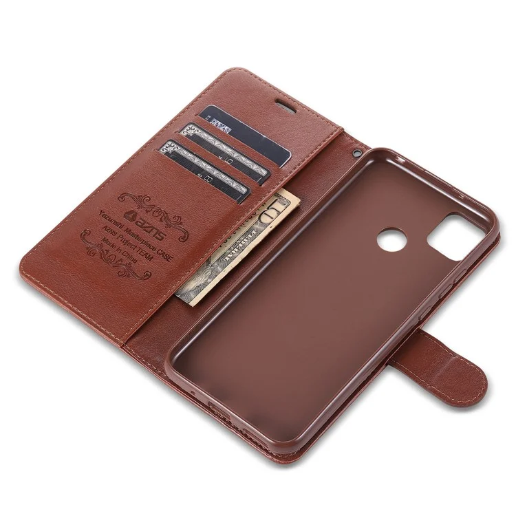 Étui de téléphone en cuir AZNS pour Xiaomi Redmi 9C/9C NFC, étui de protection avec portefeuille et support - Marron