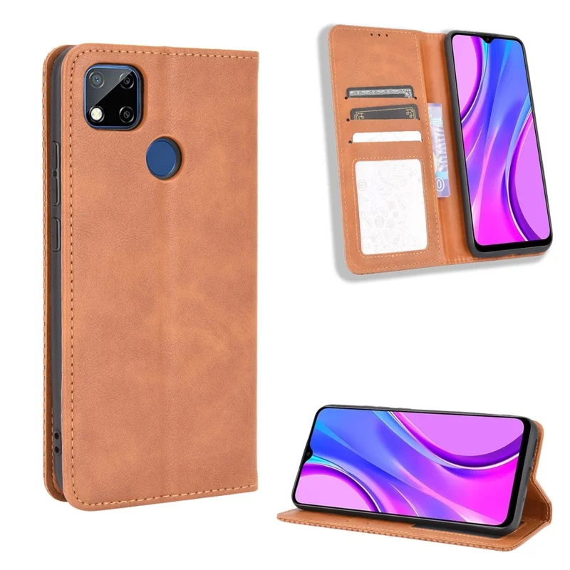 Auto-absorbed Retro PU Leather Shell Wallet Cell Phone Cover for Xiaomi Xiaomi Redmi 9C/Redmi 9C NFC/Redmi 10A - Brown