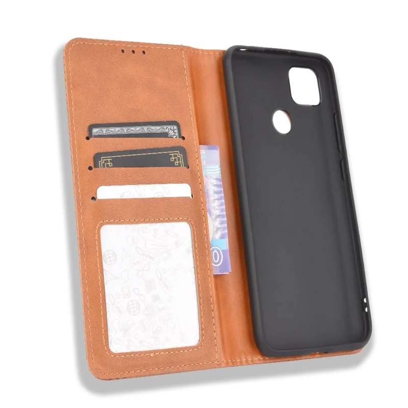 Auto-absorbed Retro PU Leather Shell Wallet Cell Phone Cover for Xiaomi Xiaomi Redmi 9C/Redmi 9C NFC/Redmi 10A - Brown