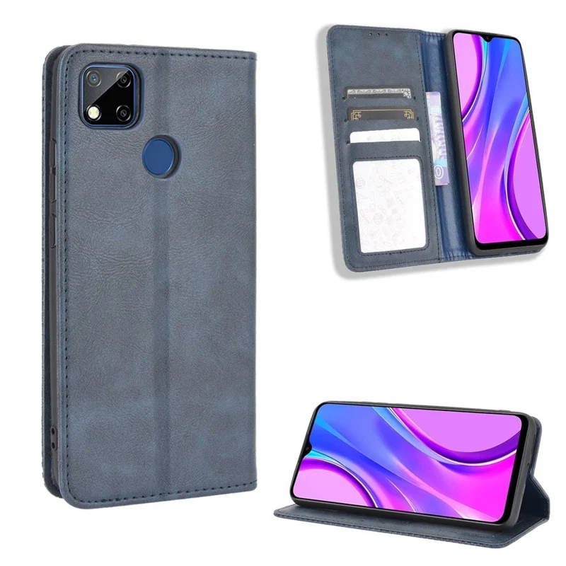 Auto-absorbed Retro PU Leather Shell Wallet Cell Phone Cover for Xiaomi Xiaomi Redmi 9C/Redmi 9C NFC/Redmi 10A - Blue