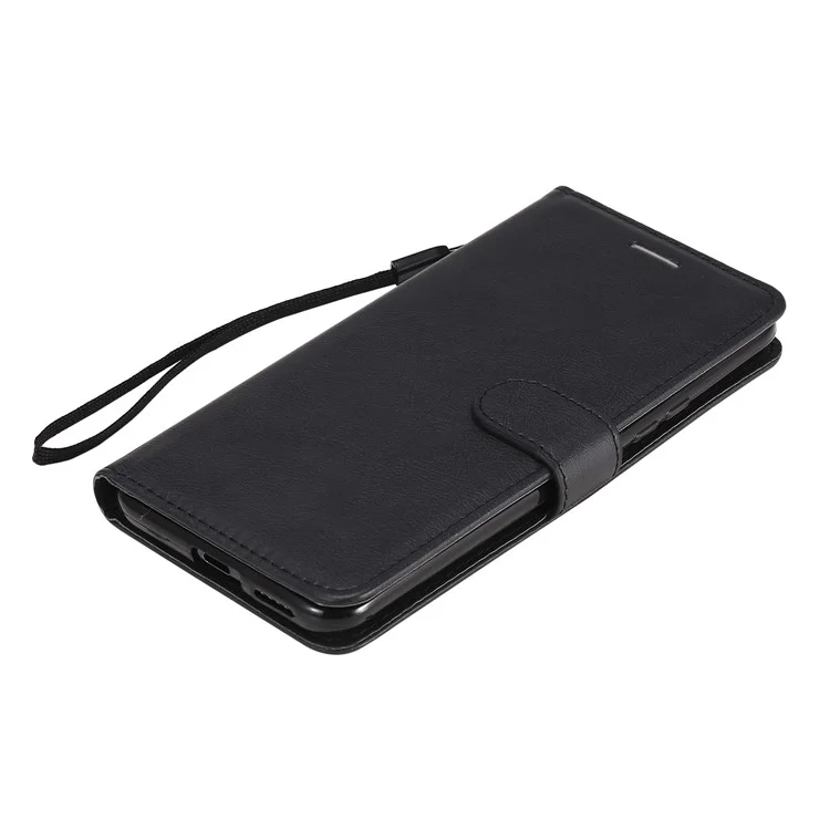 For Xiaomi Mi 10 Lite 5G Case Solid Color Leather Mobile Cover Wallet Stand with Strap - Black