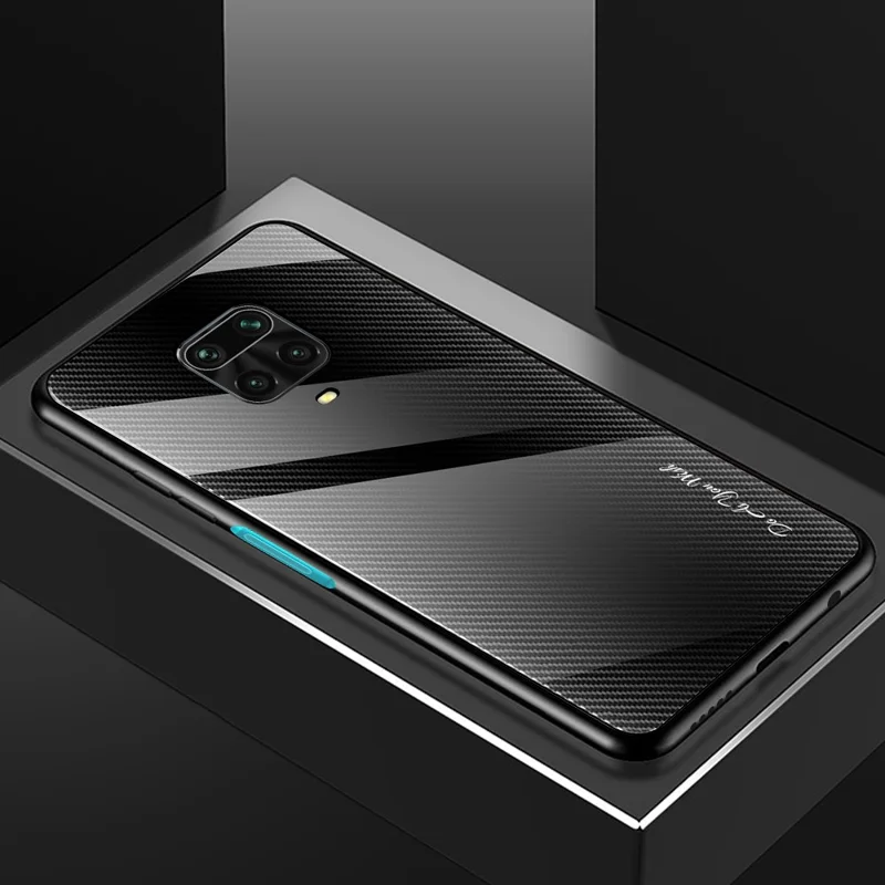 Carbon Fiber Skin Glass Back + TPU Cover for Xiaomi Redmi Note 9S/Note 9 Pro/Note 9 Pro Max - Black