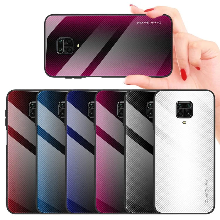 Carbon Fiber Skin Glass Back + TPU Cover for Xiaomi Redmi Note 9S/Note 9 Pro/Note 9 Pro Max - Black