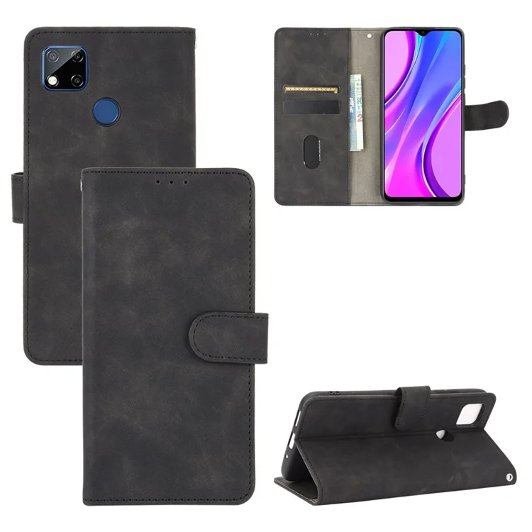 Skin-touch Wallet Stand Leather Case for Xiaomi Redmi 9C/Redmi 9C NFC - Black