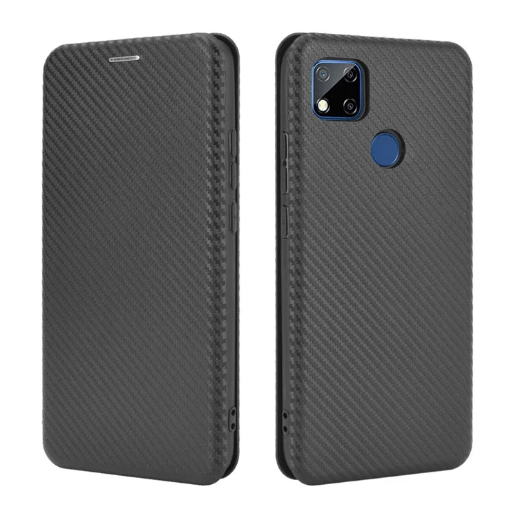 Auto-absorbed Carbon Fiber Texture Leather Case with Stand for Xiaomi Redmi 9C/Redmi 9C NFC - Black