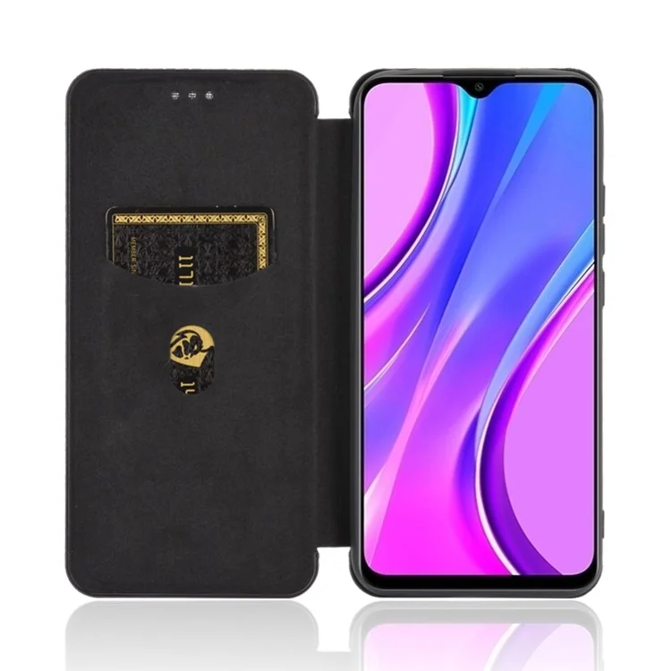 Custodia in pelle con texture in fibra di carbonio auto-assorbente con supporto per Xiaomi Redmi 9C/Redmi 9C NFC - Nero
