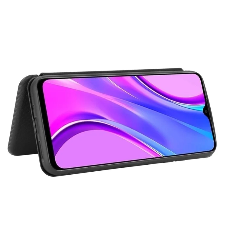 Auto-absorbed Carbon Fiber Texture Leather Case with Stand for Xiaomi Redmi 9C/Redmi 9C NFC - Black