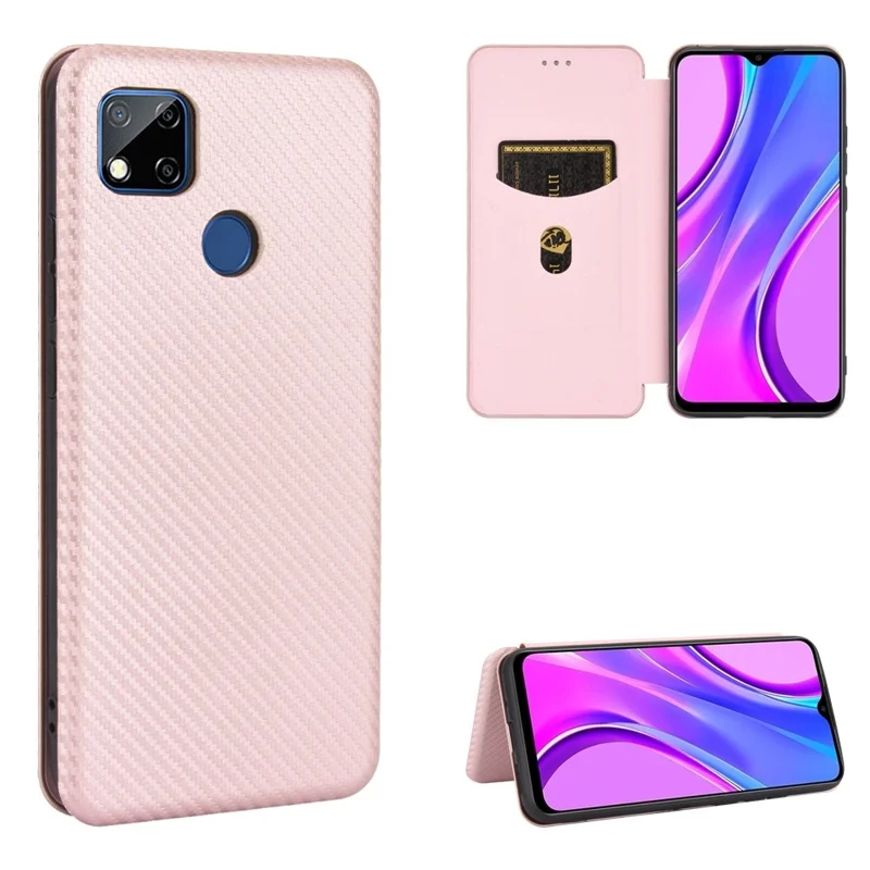 Auto-absorbed Carbon Fiber Texture Leather Case with Stand for Xiaomi Redmi 9C/Redmi 9C NFC - Pink