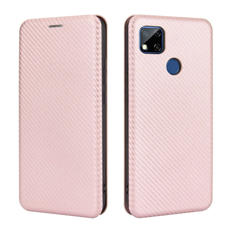Auto-absorbed Carbon Fiber Texture Leather Case with Stand for Xiaomi Redmi 9C/Redmi 9C NFC - Pink
