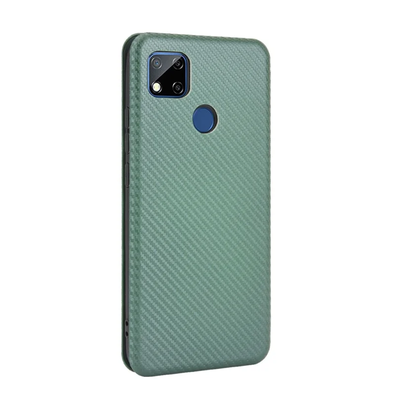 Estuche de Cuero de Textura de Fibra de Carbono de Carbono Absorto Automático Con Soporte Para Xiaomi Redmi 9C/Redmi 9C NFC - Verde