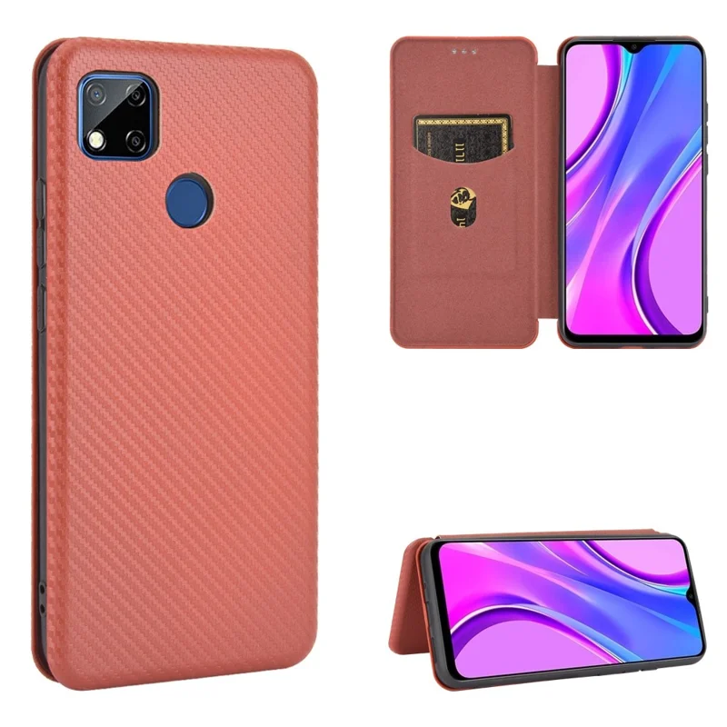 Auto-absorbed Carbon Fiber Texture Leather Case with Stand for Xiaomi Redmi 9C/Redmi 9C NFC - Brown