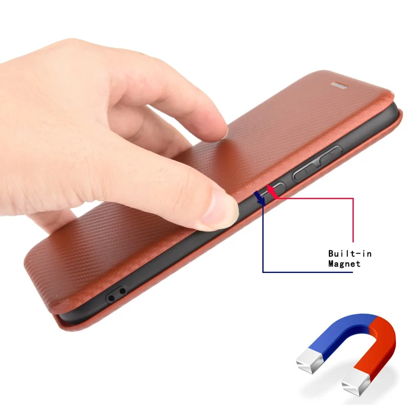 Auto-absorbed Carbon Fiber Texture Leather Case with Stand for Xiaomi Redmi 9C/Redmi 9C NFC - Brown