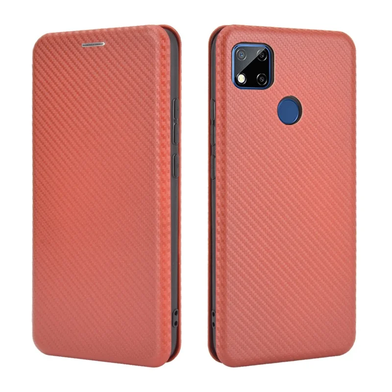Auto-absorbed Carbon Fiber Texture Leather Case with Stand for Xiaomi Redmi 9C/Redmi 9C NFC - Brown