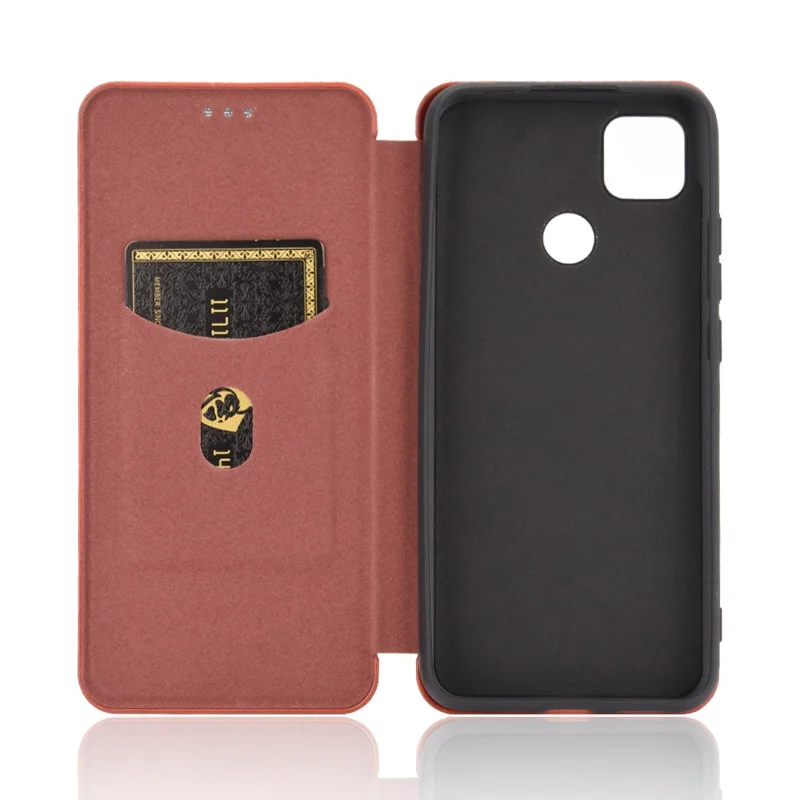 Auto-absorbed Carbon Fiber Texture Leather Case with Stand for Xiaomi Redmi 9C/Redmi 9C NFC - Brown