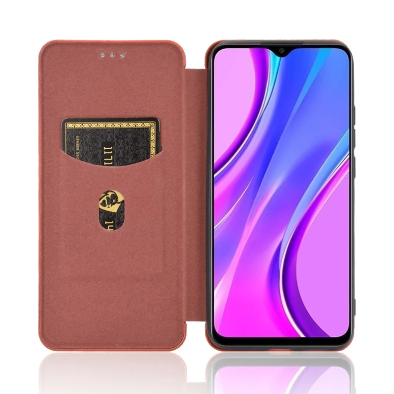 Auto-absorbed Carbon Fiber Texture Leather Case with Stand for Xiaomi Redmi 9C/Redmi 9C NFC - Brown