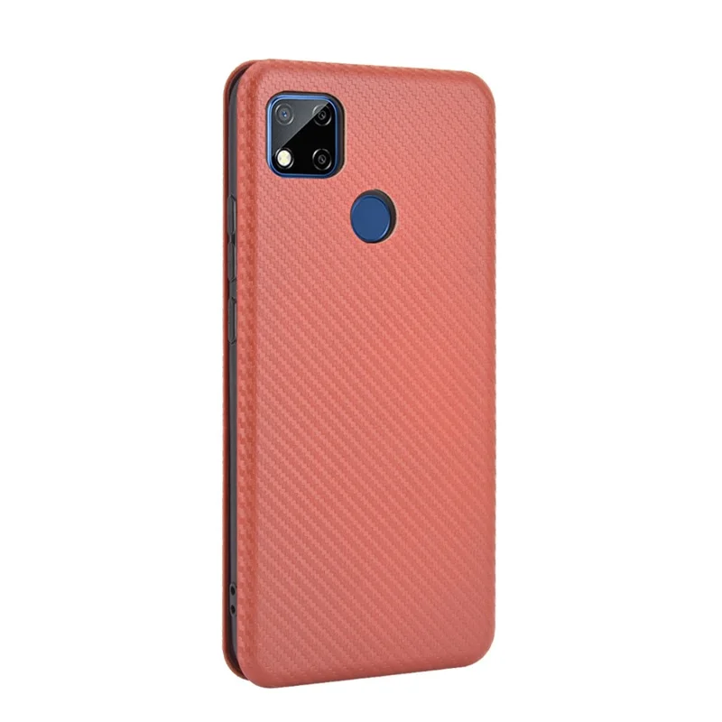 Auto-absorbed Carbon Fiber Texture Leather Case with Stand for Xiaomi Redmi 9C/Redmi 9C NFC - Brown