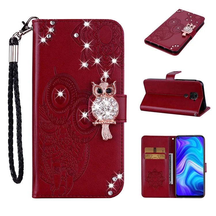 Owl Imprint Rhinestone Decor Leather Phone Case for Xiaomi Redmi Note 9 - Red