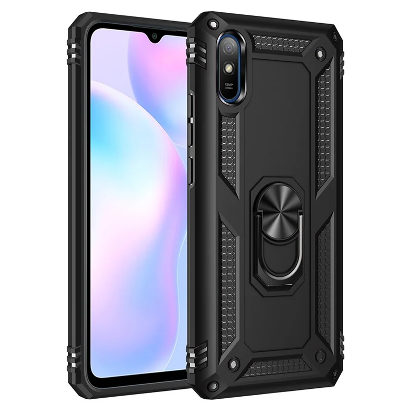 360° Rotatable Ring Kickstand Armor PC+TPU Hybrid Case for Xiaomi Redmi 9A - Black