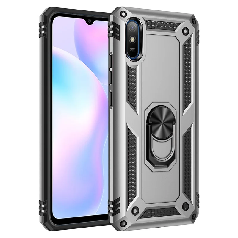 360° Rotatable Ring Kickstand Armor PC+TPU Hybrid Case for Xiaomi Redmi 9A - Silver