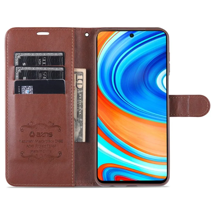 AZNS PU Leather Wallet Case for Xiaomi Redmi Note 9S/Redmi Note 9 Pro - Coffee