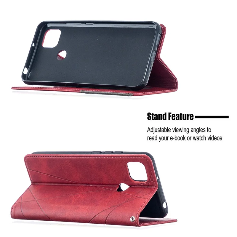 Geometrisk Mønster Stående Læderetui med Kortholder til Xiaomi Redmi 9C / Redmi 9C NFC - Rød