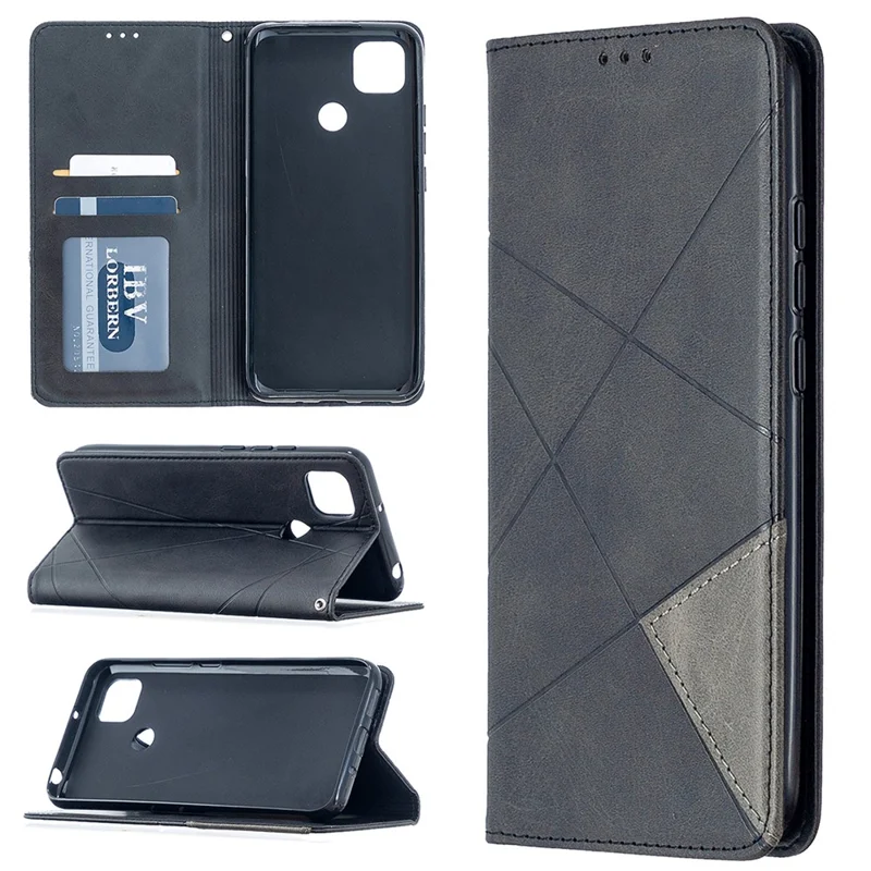 Geometric Pattern Stand Leather with Card Holder Case for Xiaomi Redmi 9C / Redmi 9C NFC - Black