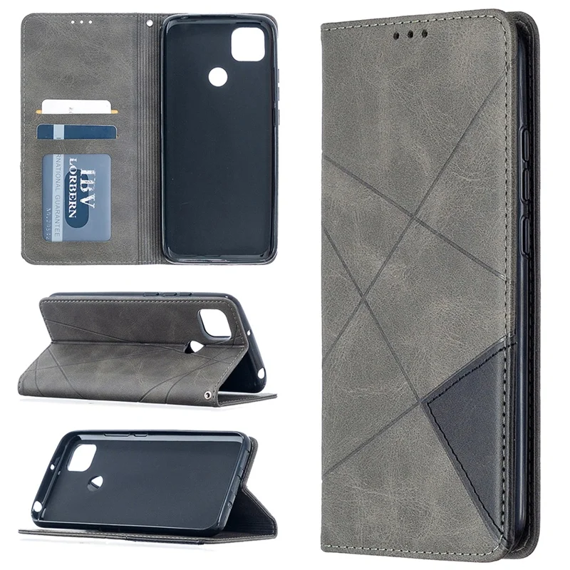 Geometric Pattern Stand Leather with Card Holder Case for Xiaomi Redmi 9C / Redmi 9C NFC - Grey
